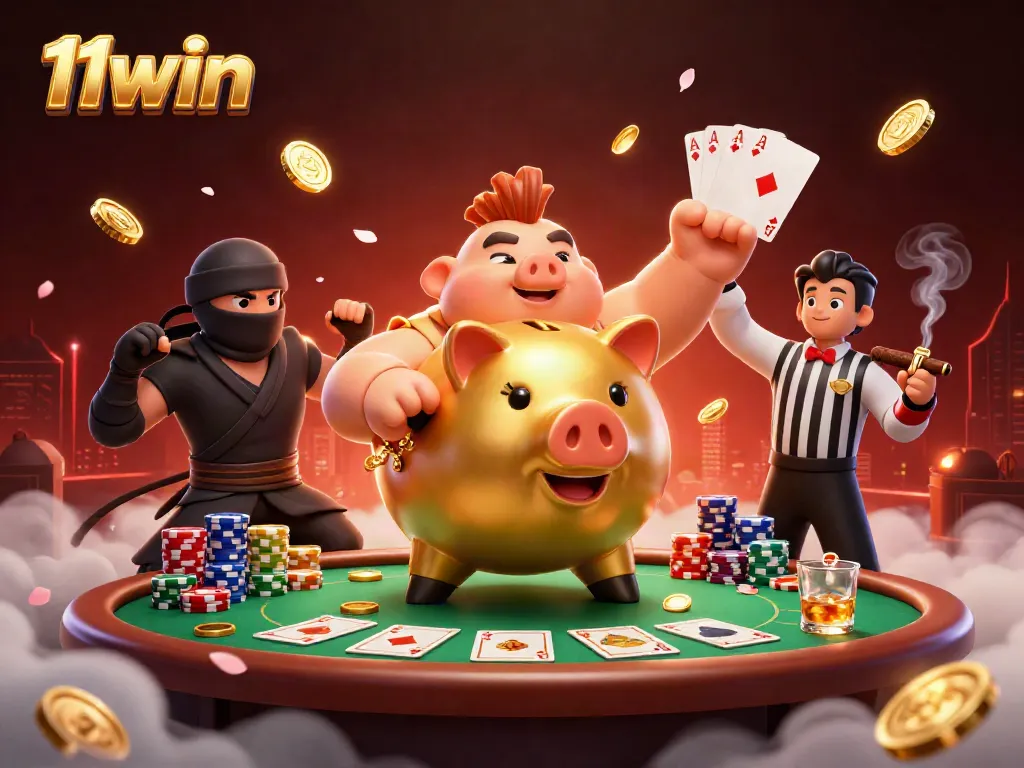 11win showcases a vibrant casino scene with a golden piggy bank sumo wrestler, poker chips, and lively lighting.