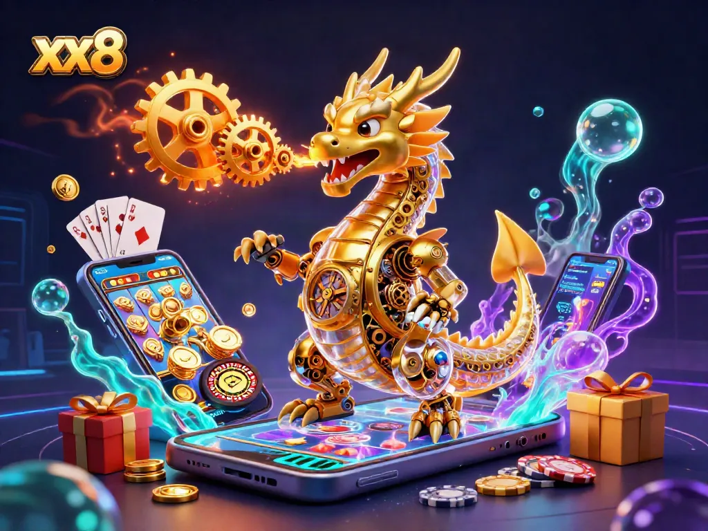 Engage in thrilling gameplay with the xx8-themed dynamic casino scene featuring a golden dragon and vibrant slot game!
