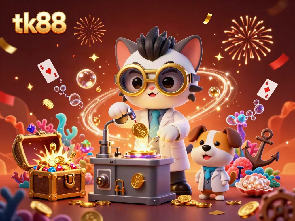 Experience the thrill of tk88 with vibrant 3D casino characters creating a gold coin replication machine.