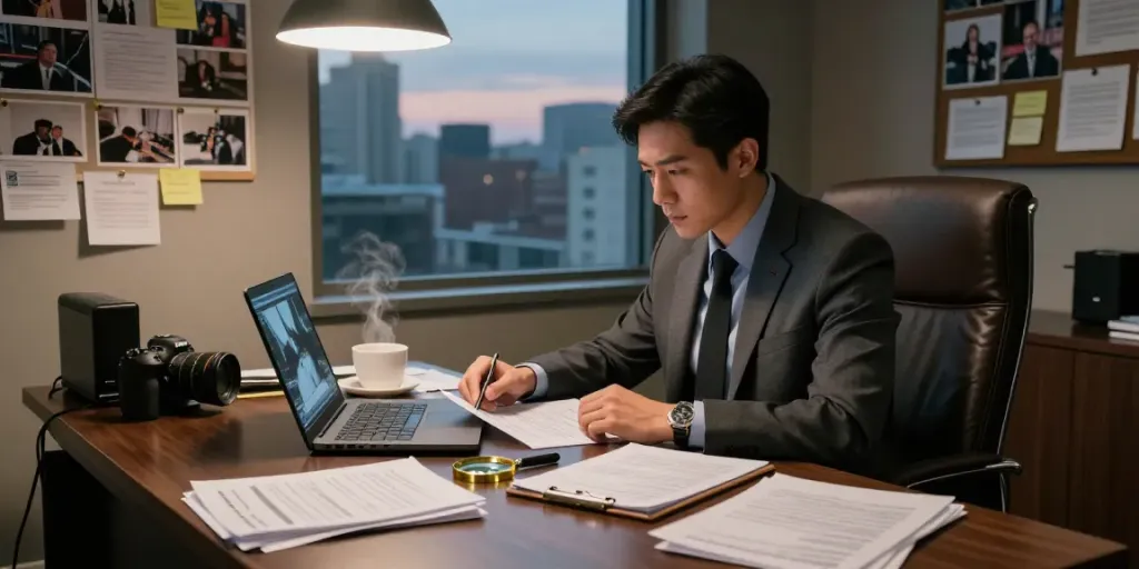 Investigative office setting showcasing 탐정사무소 굿탐정 with files and surveillance footage