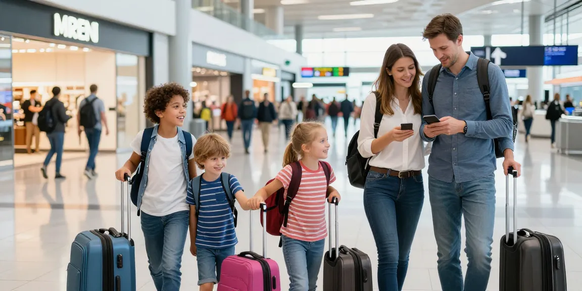 Flughafentransfer Frankfurt scene with family at airport terminal, capturing the joy of travel.