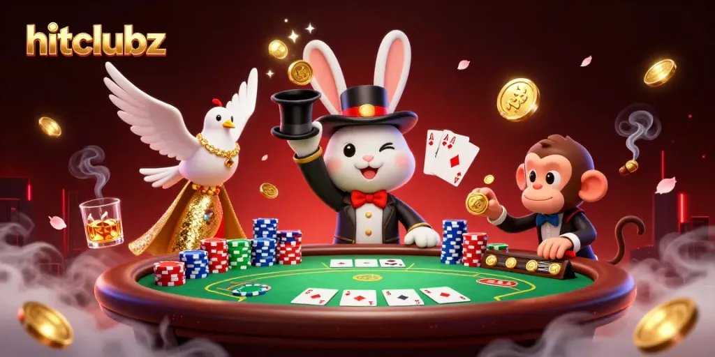 Hitclubz magical casino scene with a rabbit magician, dove, and monkey surrounded by poker elements.