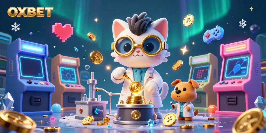Play the thrilling OXBET casino with an electrifying scene of a mad scientist cat and lab dog creating golden coins.