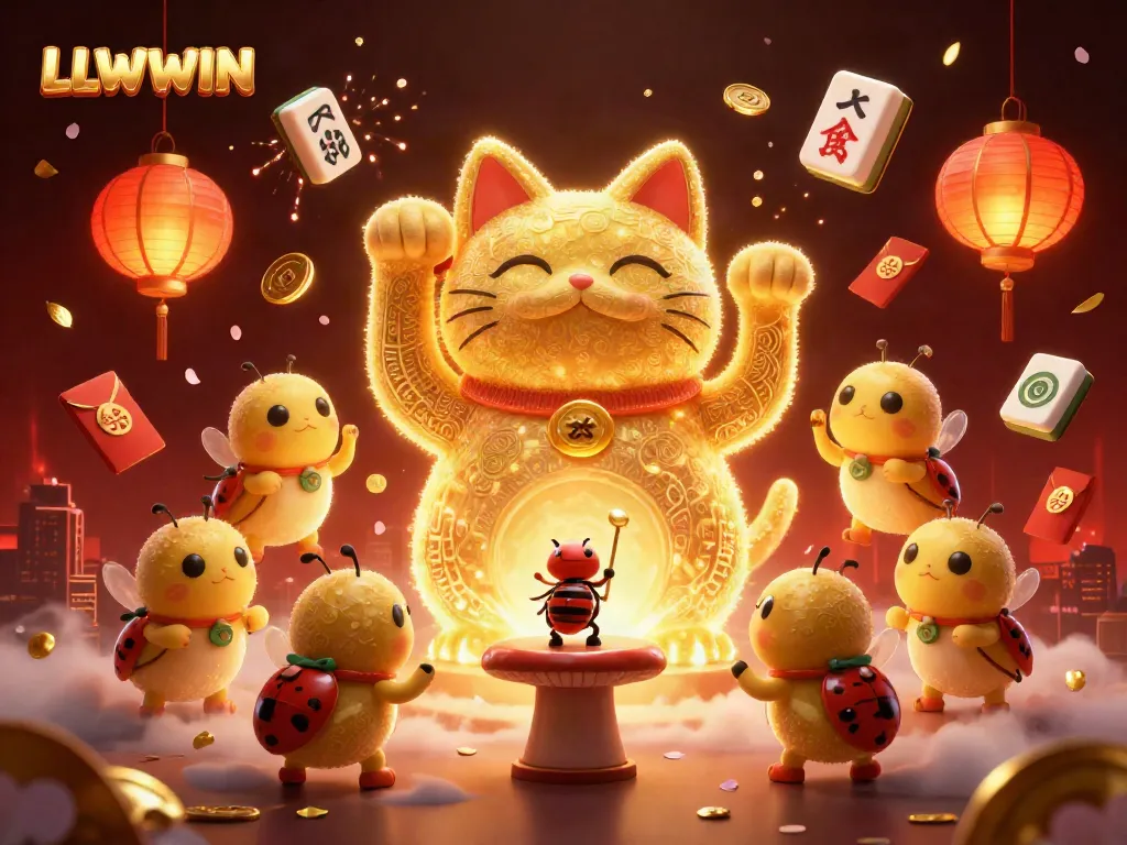 Experience the vibrant world of LLWWIN with animated lucky cat symbols and golden fireflies in a lively casino scene.