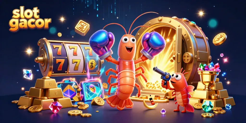 Engage with slot gacor delights in a vibrant casino scene featuring playful sea characters.