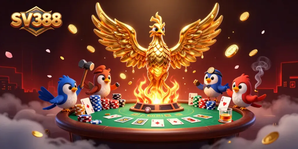 Experience the thrill of SV388 with a dynamic scene featuring a molten gold phoenix, poker elements, and vibrant ambiance.