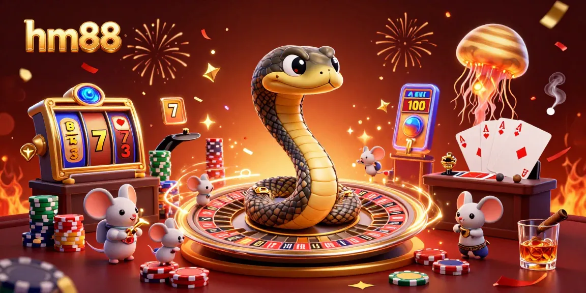 Spin the reels at hm88, featuring a whimsical casino scene with vibrant characters and colorful jackpots.