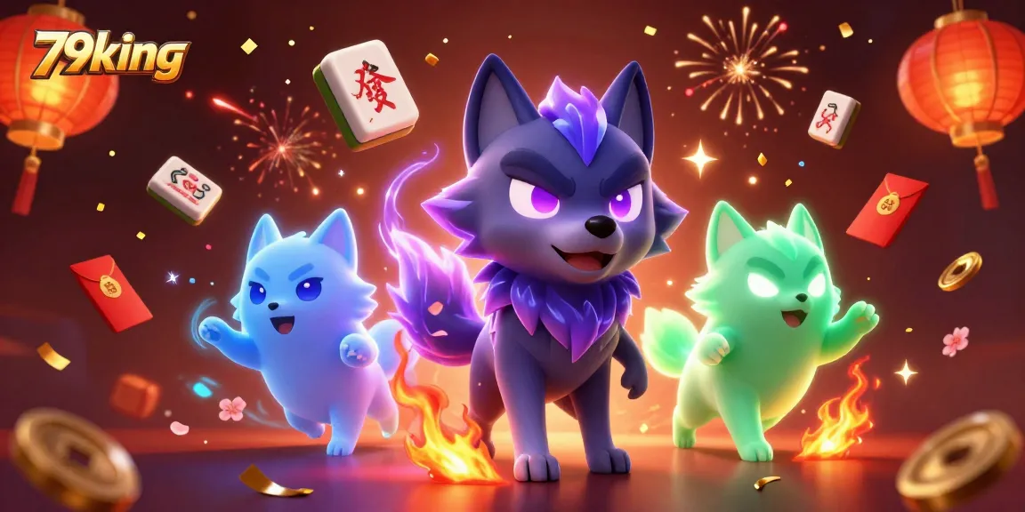 Engage with 79king's vibrant casino experience illuminated by shadowy wolves and celebratory elements.