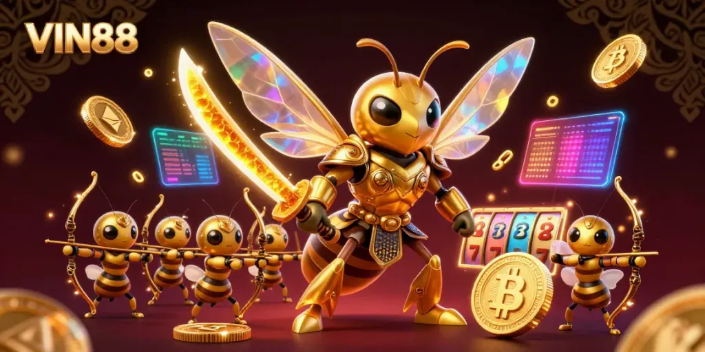 Experience exciting gameplay at VIN88 featuring a giant golden hornet and bee archers in a lively casino scene.