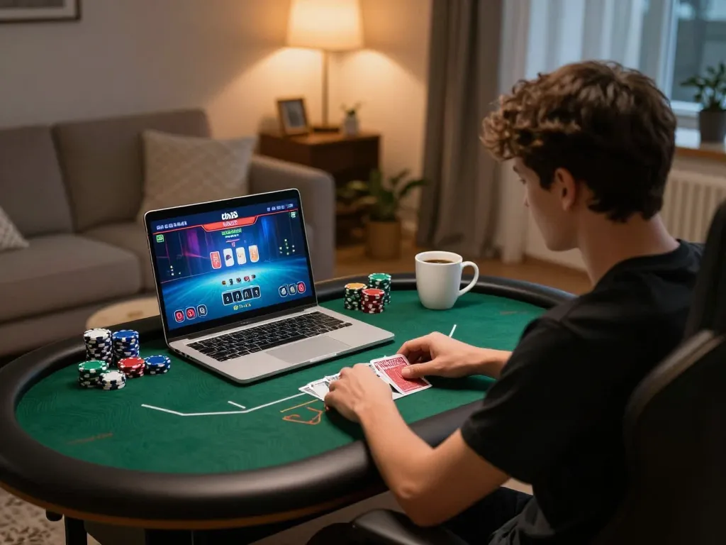 Engaging in live poker action online with dn88 gaming, showcasing strategic gameplay and personal space.