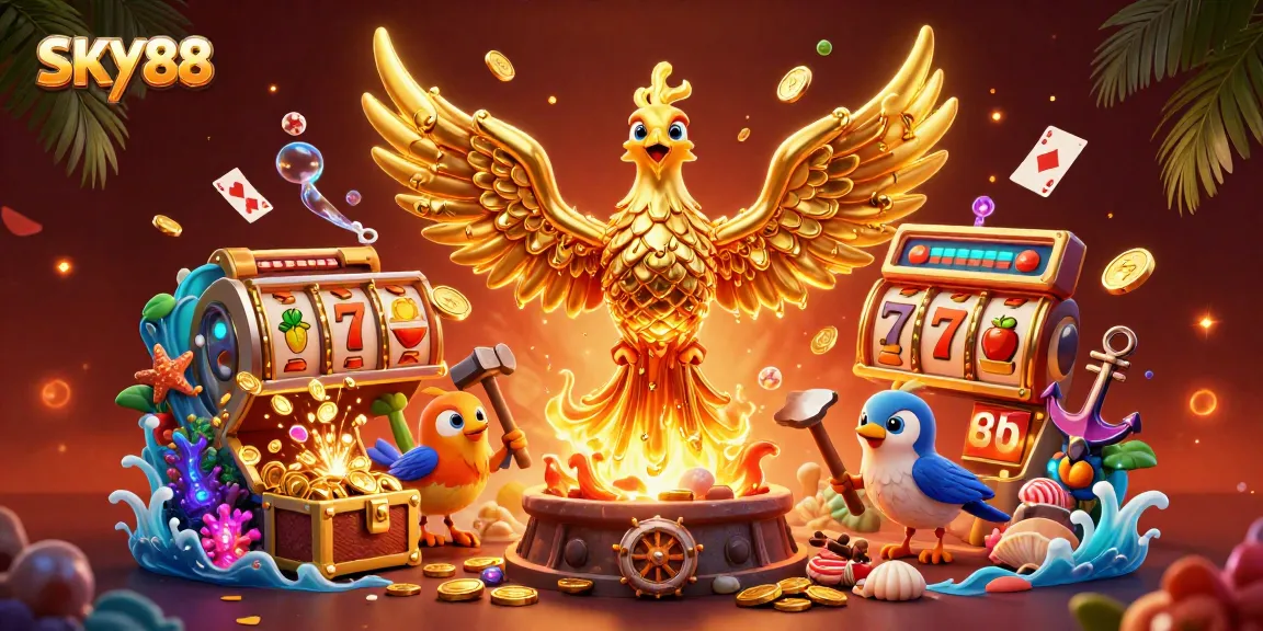 WIN with SKY88 at a dynamic casino scene featuring a molten gold phoenix and vibrant slot elements.