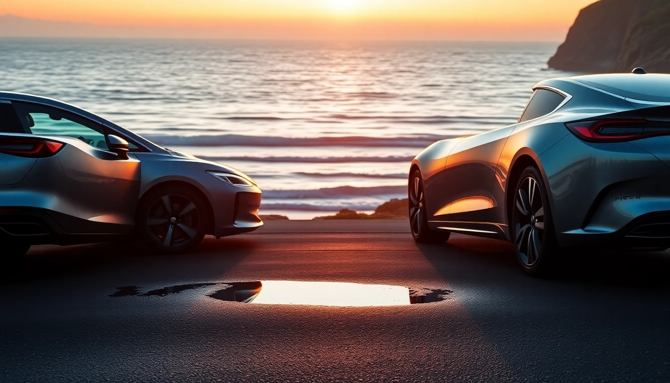 Elektroautos auf einer malerischen Küstenstraße bei Sonnenuntergang mit glänzenden Designs.