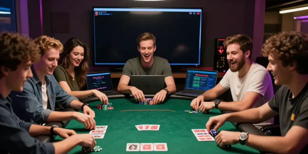 Dewacash Asia poker night with friends celebrating and betting.