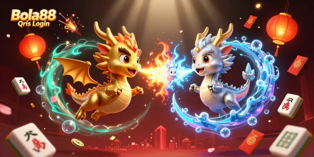 Bola88 Qris Login offers an exciting scene with gold and silver dragons symbolizing luck and fortune amidst vibrant casino elements.
