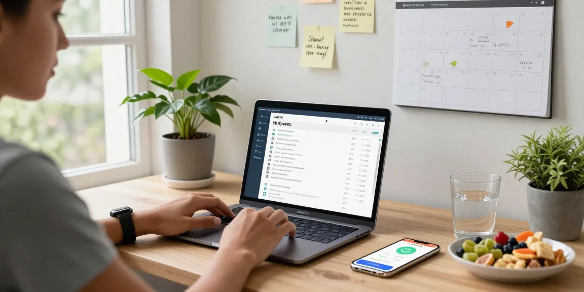 MeinQuests-Dashboard auf einem Laptop angezeigt, während Gesundheitsmetriken in einem gemütlichen Homeoffice verfolgt werden.