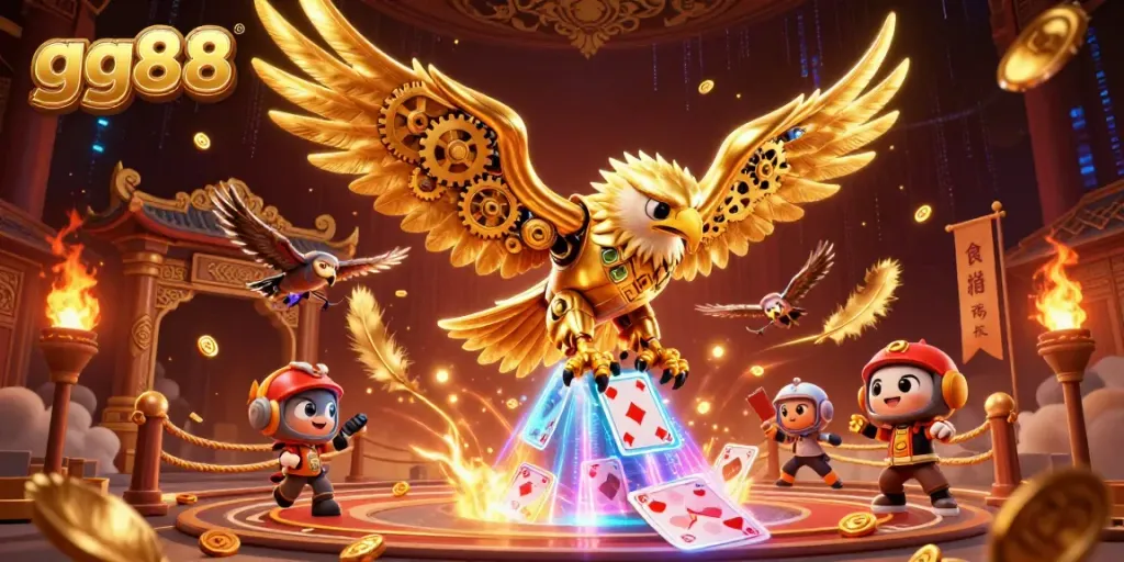 Experience the thrill of gg88 gaming with a cybernetic eagle and holographic cards in action.