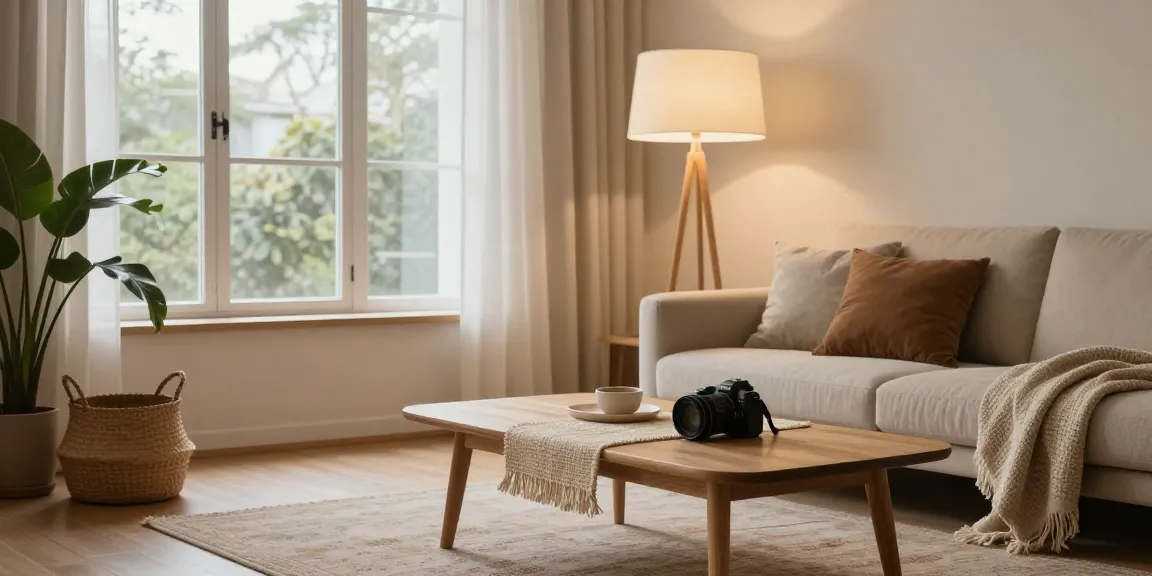 Elegante Japandi Deckenlampen, die ein ruhiges Wohnzimmer mit natürlichen Materialien und warmem Licht beleuchten.