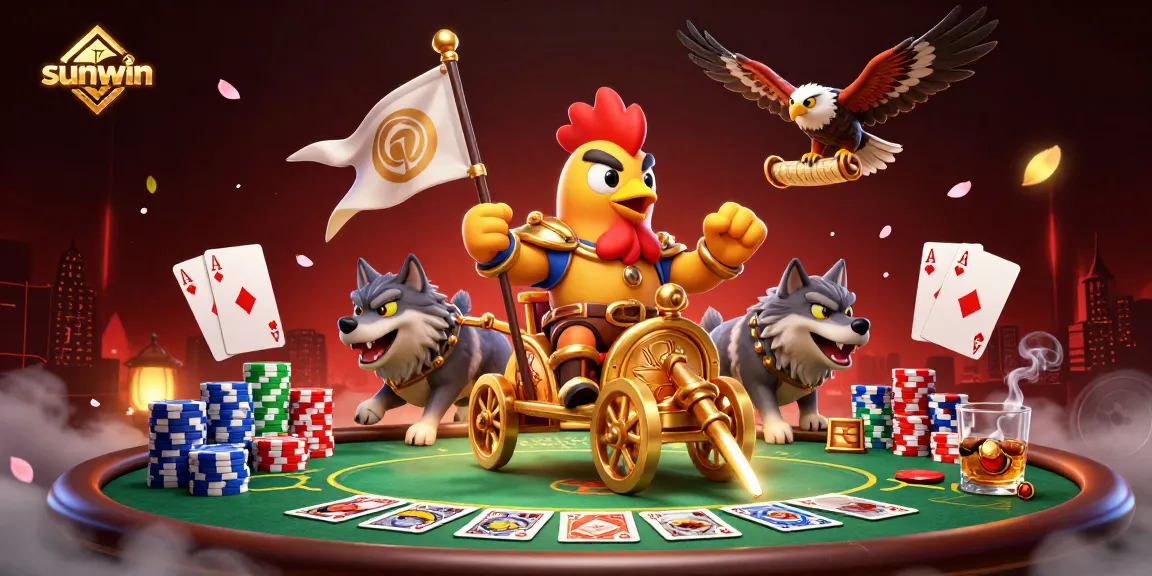 Engage in thrilling gameplay at sunwin with a dramatic scene featuring poker elements and a cartoon warlord.