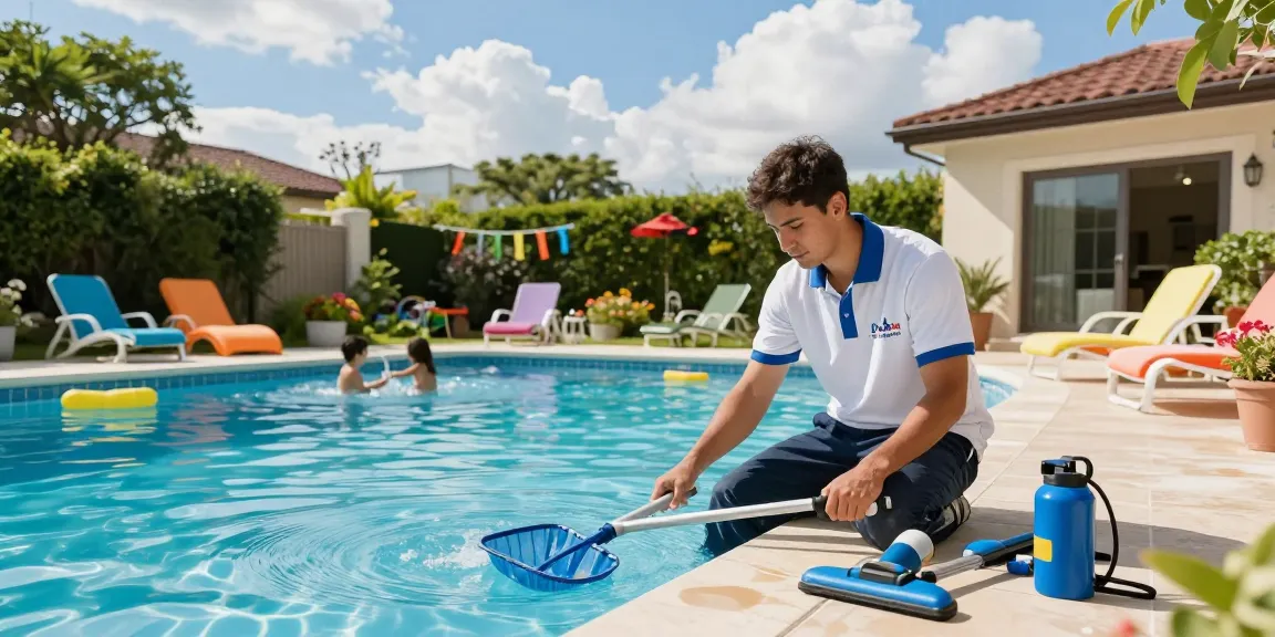Dolphin Pool Services technician conducting pool maintenance with vibrant family-friendly setting.