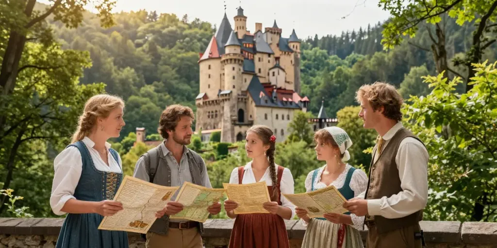 Eltz Personal: Familienmitglieder der Eltz Familie erkunden die Burg Eltz in traditioneller Kleidung.