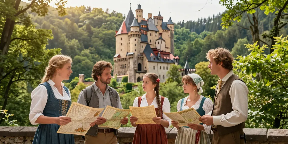 Eltz Personal: Familienmitglieder der Eltz Familie erkunden die Burg Eltz in traditioneller Kleidung.