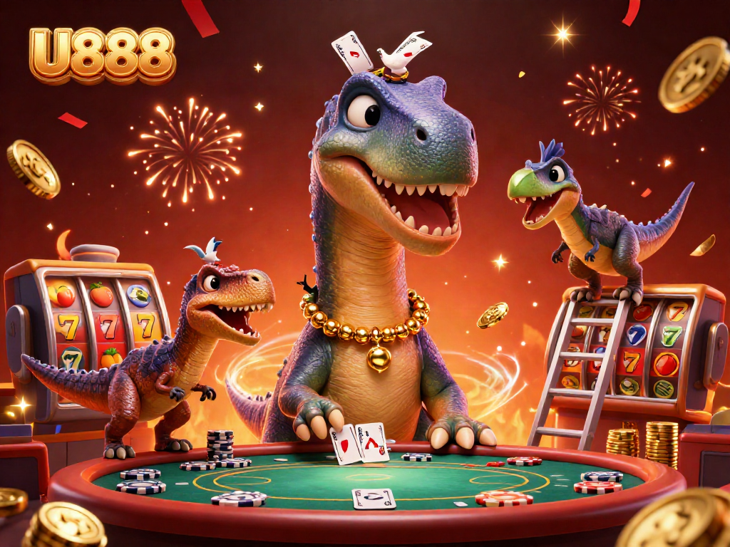 Engage with the U888 casino scene featuring dynamic characters and vibrant game elements.