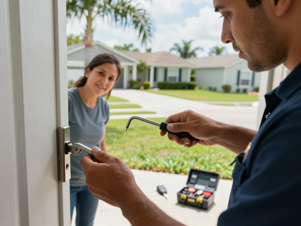 Emergency locksmith in Port St. Lucie unlocking a residential door, showcasing professional tools and neighborhood.