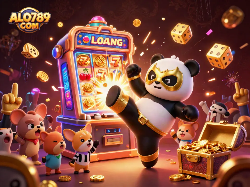 Experience thrilling games at ALO789 COM with a wrestling panda and vibrant casino elements.