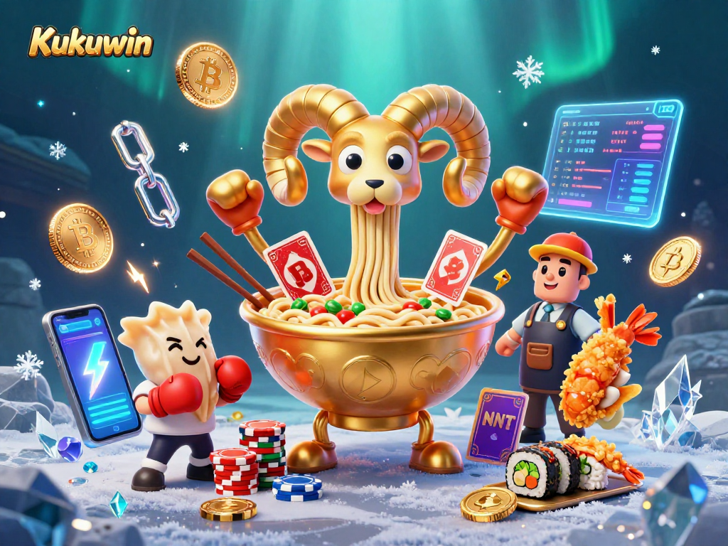 Kukuwin brings excitement with a giant ramen bowl character stacking chips in a colorful casino scene.