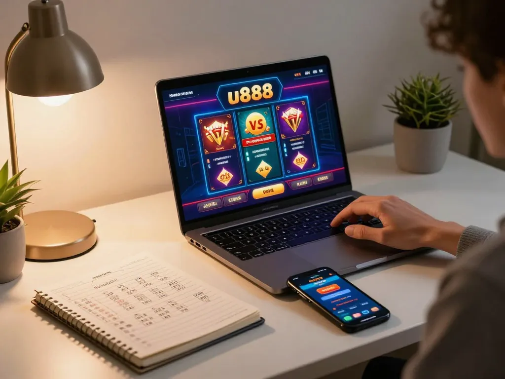 Engaging in online casino gameplay on u888 with strategic notes in cozy home setup.