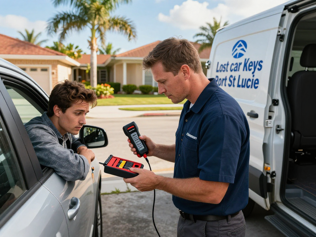 Lost car keys Port St. Lucie, locksmith assisting driver in driveway with tools.