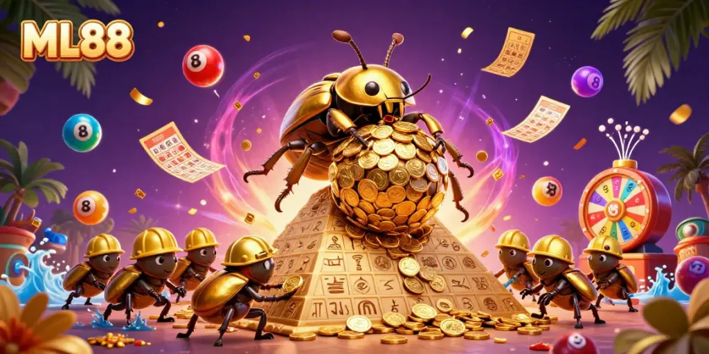 Experience the thrill of ML88 with a cartoon illustration of a beetle rolling a gold coin ball, surrounded by dynamic lottery elements.