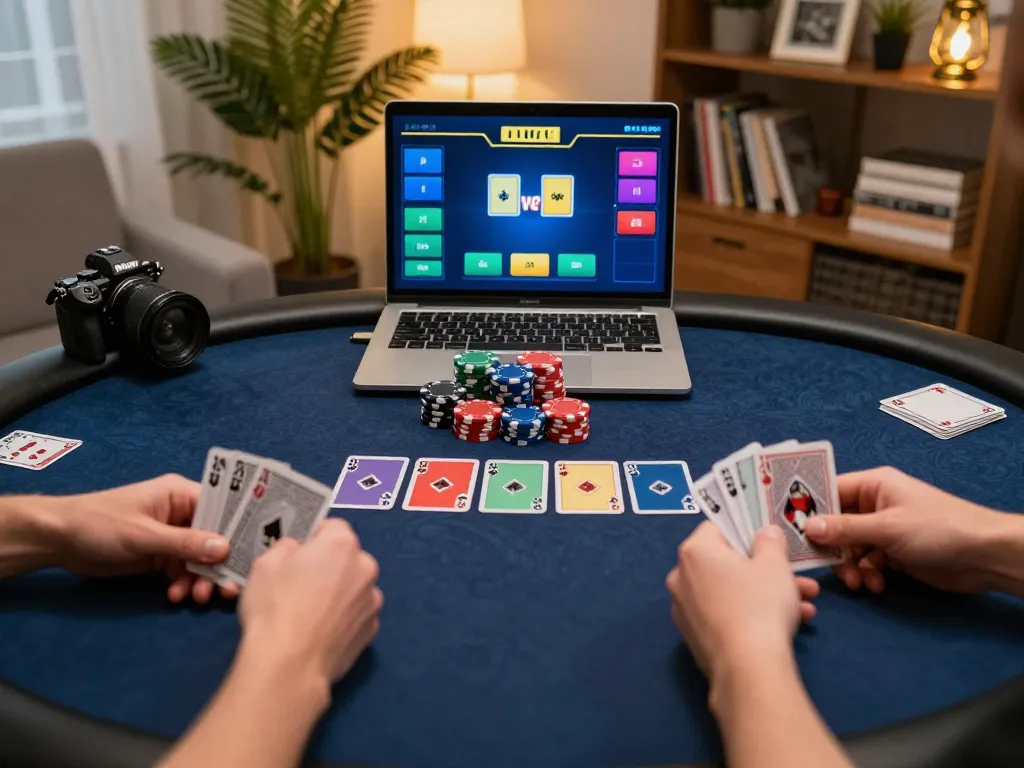 Engaging online poker game at home showcasing XOCDIA88 platform with chips and cards.