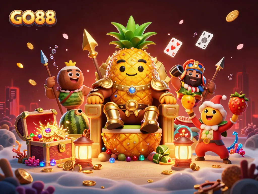 Experience the thrill of GO88 with a vibrant, action-packed casino scene featuring dynamic characters and treasures.