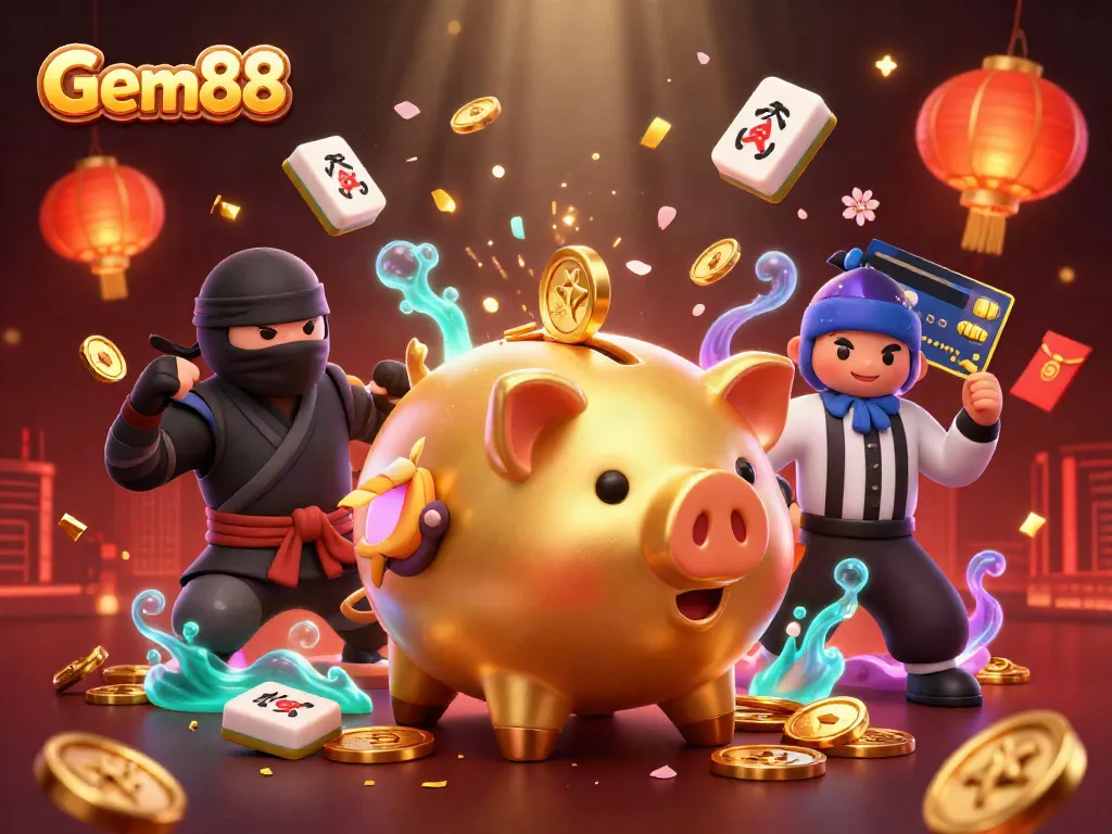 Experience the excitement of Gem88 with a dynamic 3D scene featuring a golden piggy bank wrestler and more!