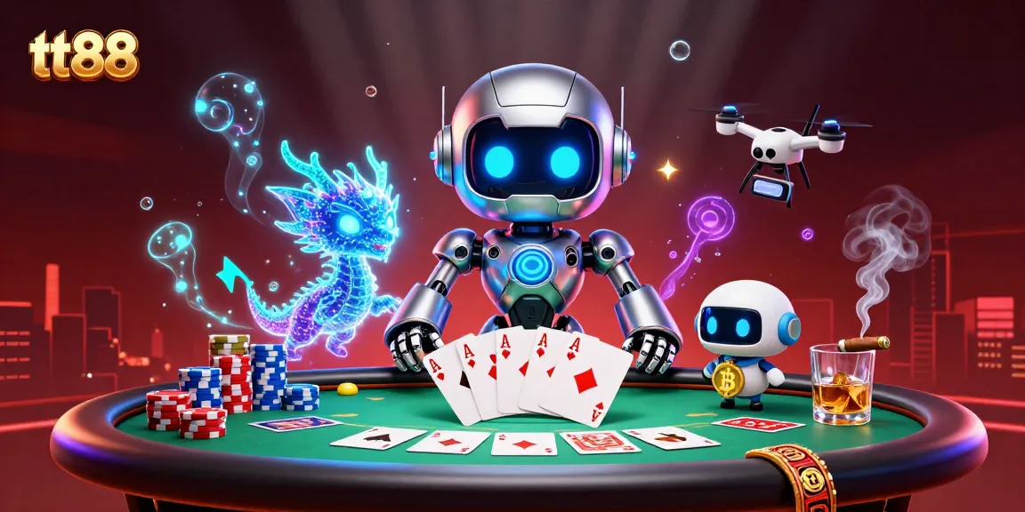 Engage with tt88 in a vibrant casino scene featuring a futuristic robot, AI dragon, and poker elements.