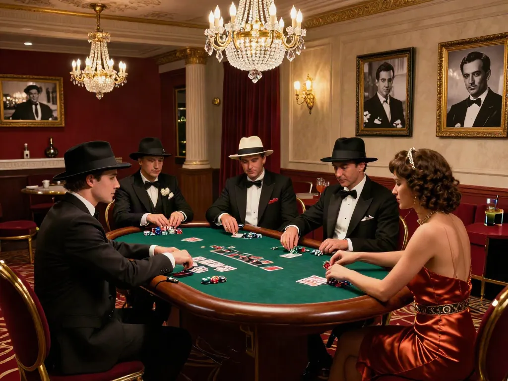 Engaging scene at rokok88 online casino with players in classic mafia attire around a poker table.