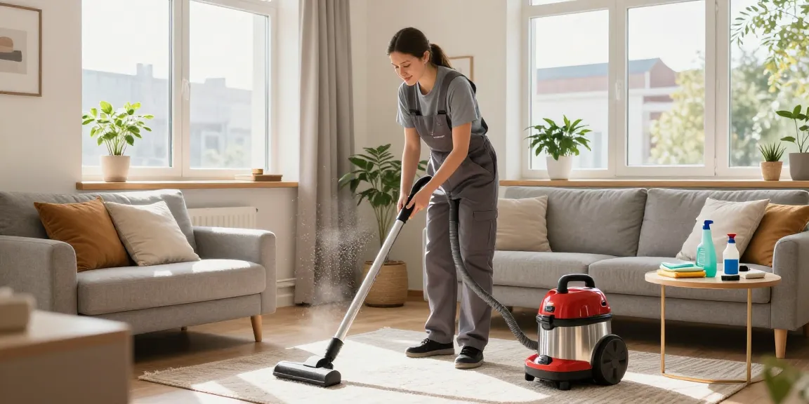 Professioneller Reiniger führt Umzugsreinigung Solothurn in einem hellen Wohnzimmer durch, was Sauberkeit und Serviceeffektivität hervorhebt.