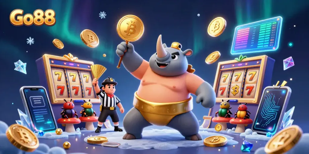 Go88's online slots shine as a rhinoceros beetle sumo champion stomps, sending golden coins flying.