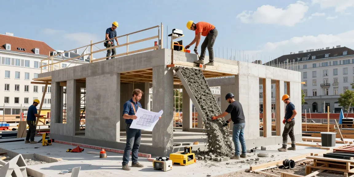 Moderne Bauarbeiten in Wien: Haus Bau Wien mit Arbeitern auf der Baustelle.