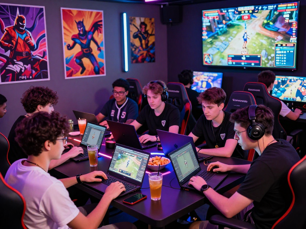 Exciting esports betting lounge scene featuring friends analyzing matches and odds, highlighting seanbowieforaz vibes and immersive gaming