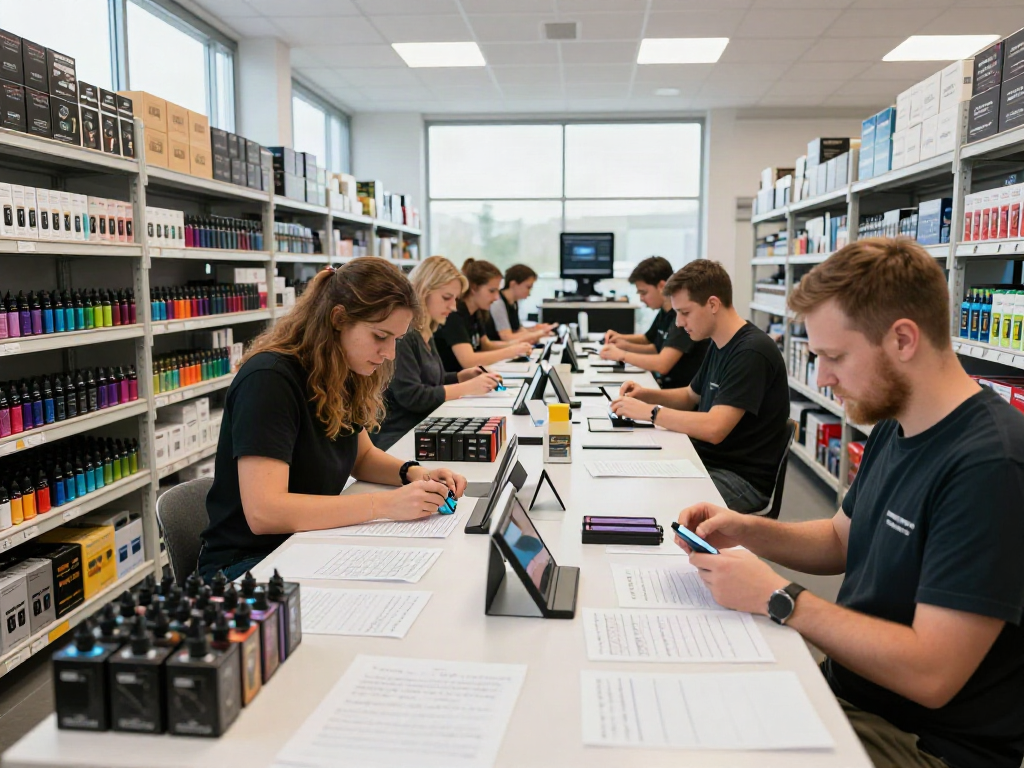 Wholesale vape supplier in Europe showcasing a busy warehouse with teams packing and checking products.