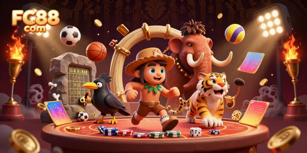 Experience thrilling moments at FC88 com with caveman characters and lively casino elements in a prehistoric setting.