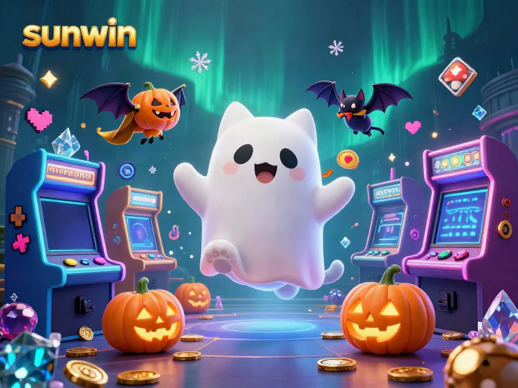 Experience fun gameplay with sunwin's dynamic casino scene featuring a friendly ghost cat and vampire bat.