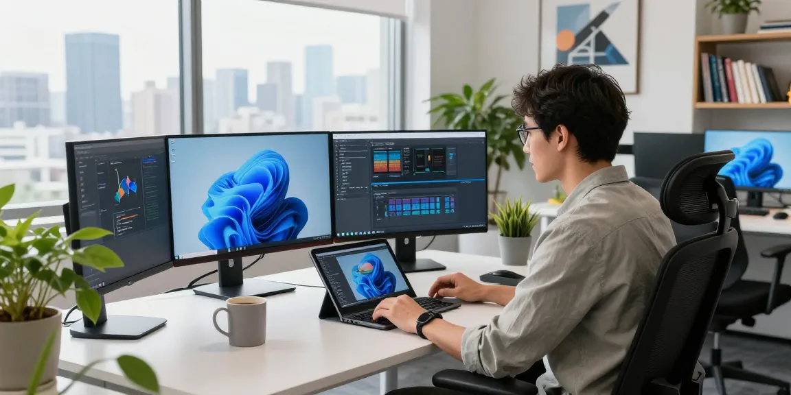 Innovatives Büro mit Windows 11 Pro auf mehreren Bildschirmen, kreativ und produktiv.