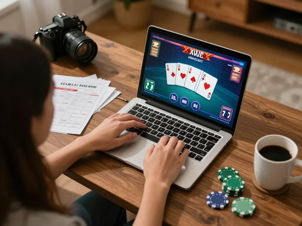 Engaged player enjoying online gambling experience with 23Win on a laptop, showcasing strategy-focused atmosphere.