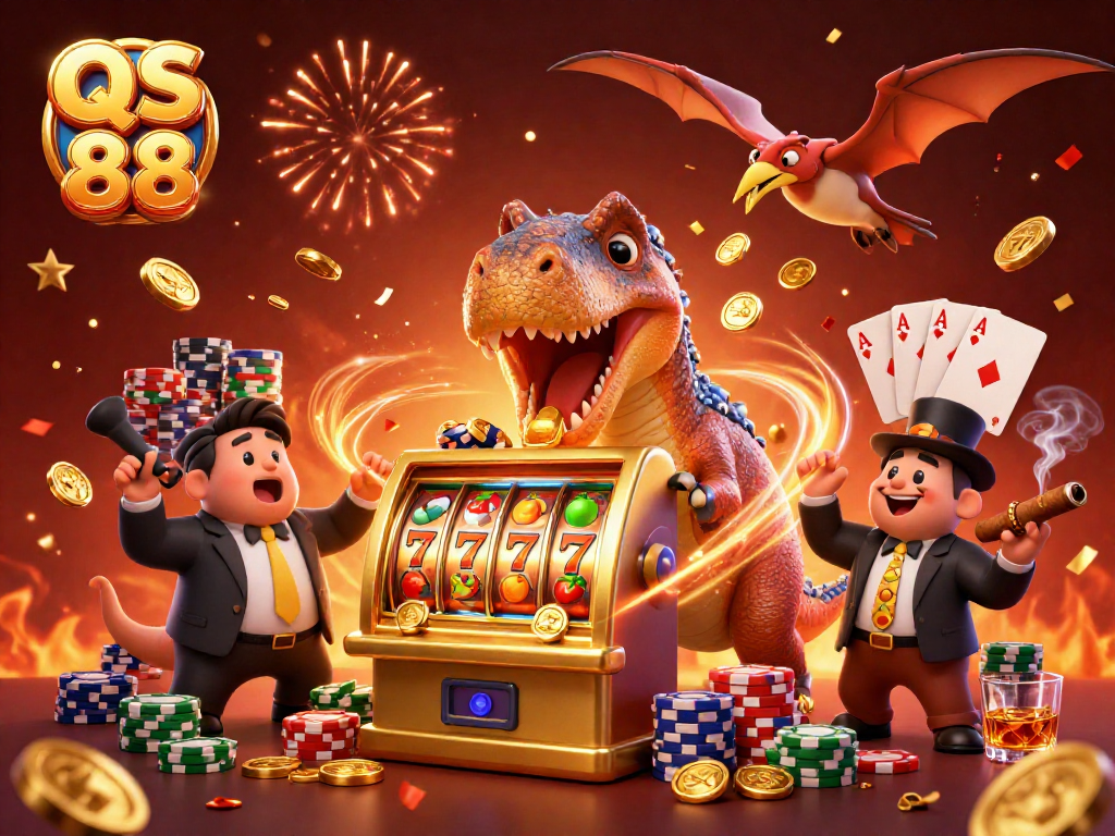 QS 88 characters celebrating a jackpot win at a vibrant casino-themed scene with coins flying.