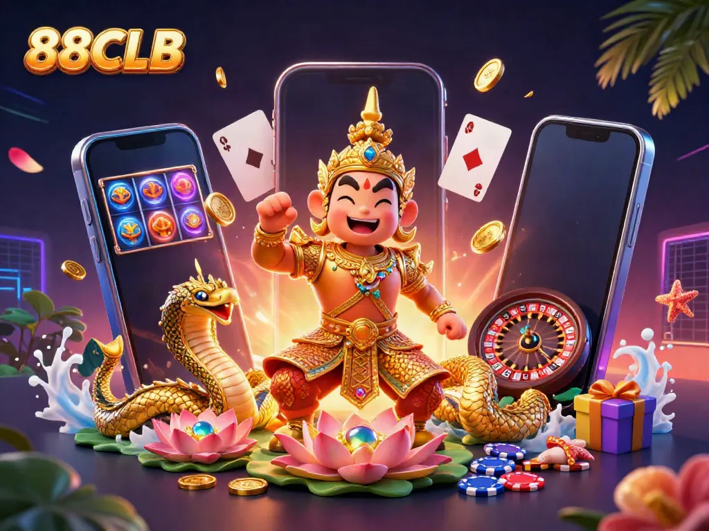 Engage in fun at 88CLB with vibrant 3D casino art showcasing diverse games and lively characters.