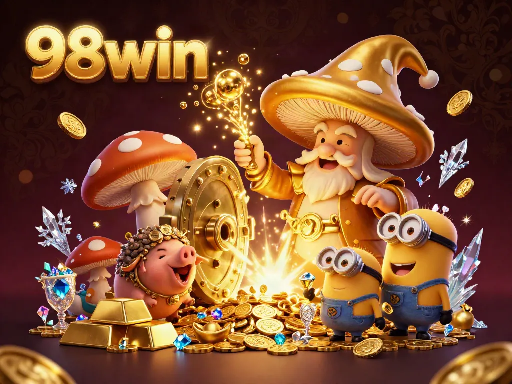 Engage in a vibrant 98win casino adventure with a golden mushroom wizard surrounded by treasures.
