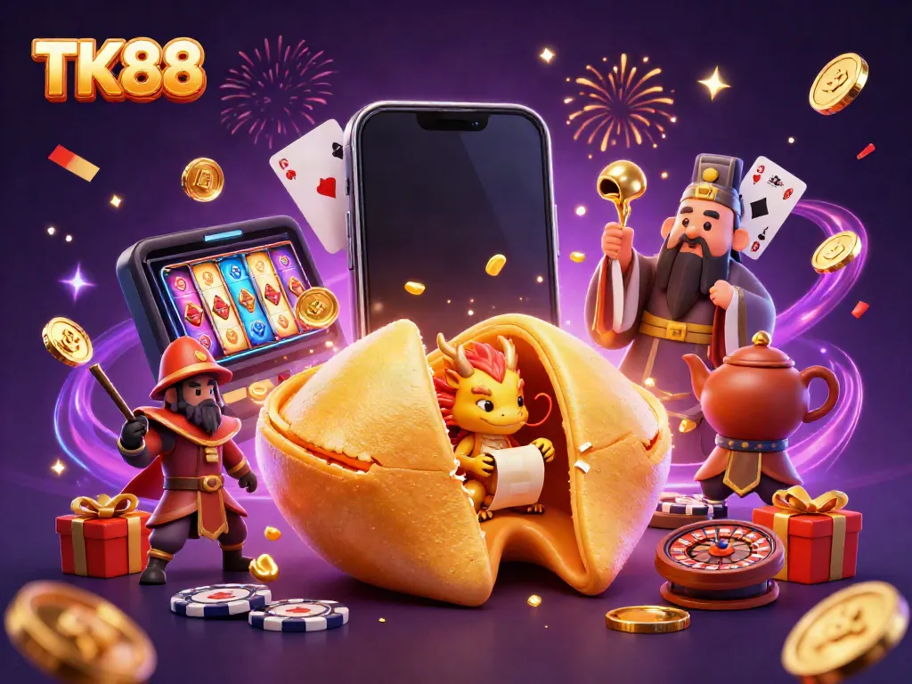 Engage with TK88's vibrant casino themes as a golden cookie reveals a fortune amidst gaming excitement.